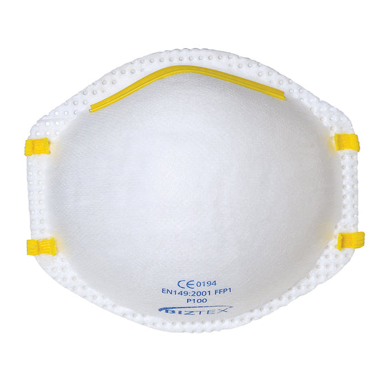 White unvalued FFP1 moulded mask with yellow straps and blue writing.
