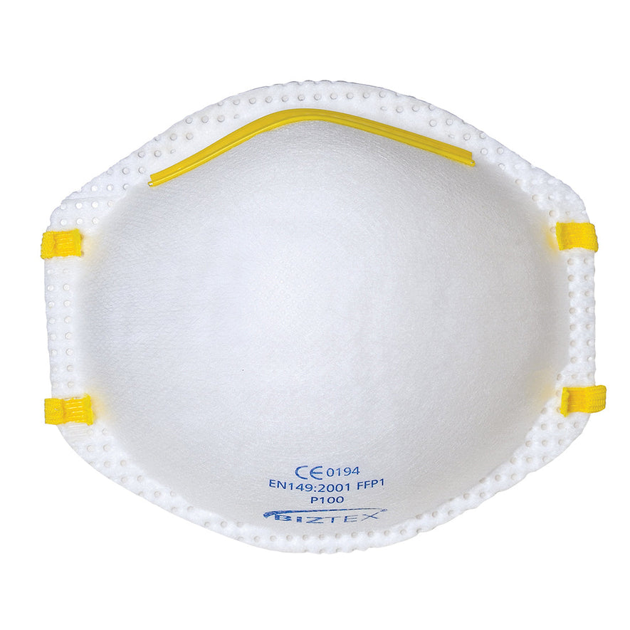 White unvalued FFP1 moulded mask with yellow straps and blue writing.