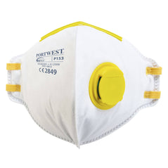 White unvalued FFP1 fold flat mask with yellow straps, a yellow valve and blue writing.