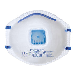 White FFP2 moulded mask with blue straps, a blue valve and blue writing.