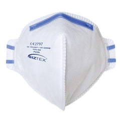 White unvalued FFP2 fold flat mask with blue straps and blue writing.