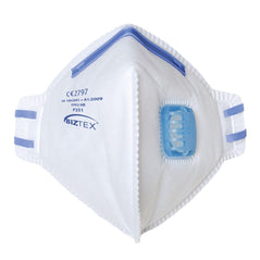 White FFP2 fold flat mask with blue straps, blue valve and blue writing.