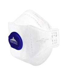 EAGLE FFP2 Dolomite Fold Flat Respirator in White  with blue filter valve at the front.