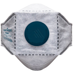 Portwest Eagle FFP2 Valved Carbon Fold Flat Respirator in white with square in middle with four flaps on each side and blue circle valve in the middle.