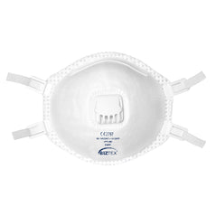 White FFP3 moulded mask with white straps, a white valve and blue writing.