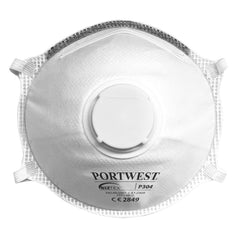 White FFP3 moulded mask with white straps, a white valve and blue writing.
