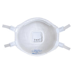 White FFP3 moulded mask with white straps, a white valve and blue writing.