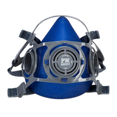 Blue half face mask respirator with grey trim.