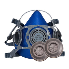 Blue half face mask respirator with grey trim and two filters.