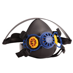 Black Portwest Vancouver Half Mask. Mask has blue front area and yellow filter and black headband.