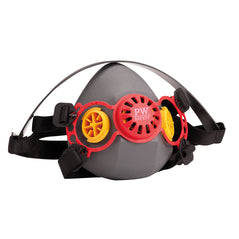 Grey respirator Geneva half mask with red and yellow filter area and black tightening bands.
