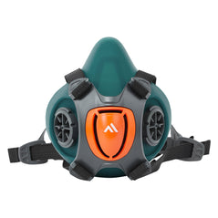 Portwest Silicone Half Mask reusable face mask in teal with orange front filtration, black head straps and filter clips on sides.