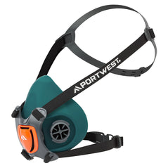Side of Portwest Silicone Half Mask reusable face mask in teal with orange front filtration, black head straps and filter clips on sides.