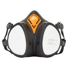 Portwest Ready to use Half Mask in black with white filters on each side with clips for black head strap and orange filtration on front.