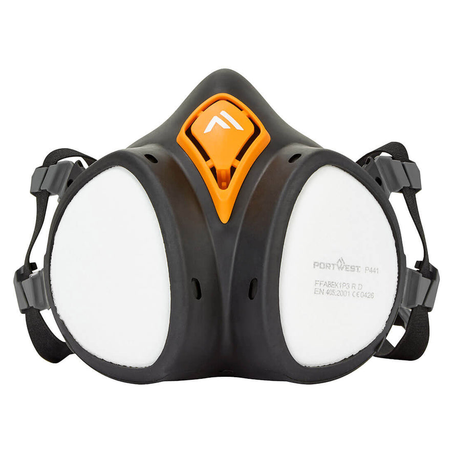 Portwest Ready to use Half Mask in black with white filters on each side with clips for black head strap and orange filtration on front.
