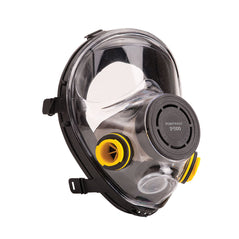 Black Vienna Full Face mask. Mask has grey outer, clear visor and yellow filter area.