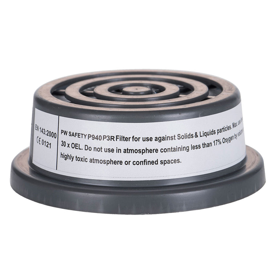 Grey P3 particle filter. Filter has a special thread connection for facemasks.