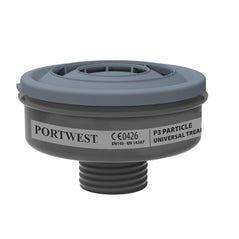 Grey portwest P3 particle filter. Filter has a universal thread for facemask fitting.