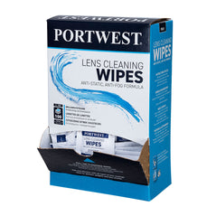 White and blue branded portwest lens cleaning wipe box , box has a entry point at the bottom to access wipes to clean lens and glasses.