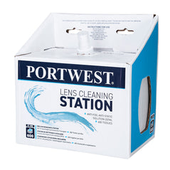 White and blue branded portwest lens cleaning station, Station has pump for assistance in dispensing cleaning fluid.