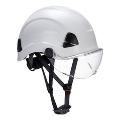 White Height endurance hard hat with black chin straps wheel ratchet tighten and clear visor.
