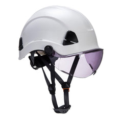 White Height endurance hard hat with black chin straps wheel ratchet tighten and smoke visor.