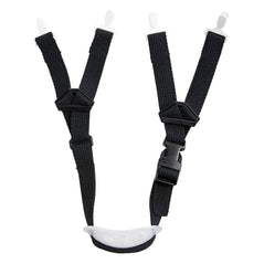 Black four point chin strap with white fasten clips and white chin rest.