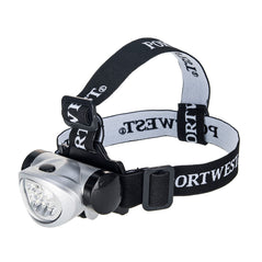 LED head light torch. Torch has head strap on black and white with silver coloured head light and LED bulb.