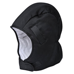 Black helmet winter liner balaclava with white fleece liner inner.