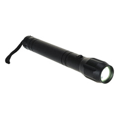Black high powered enforcer torch with LED lights and a fabric handle loop.