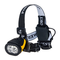 Black and yellow dual power headlight with battery pack and white Portwest branding.