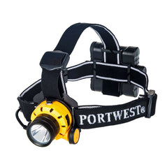 Black portwest ultra power head light. Head light has yellow front and LED headlight. Elasticated headband has white portwest branding. 