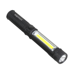 Black Portwest inspection flashlight with led lights and yellow inspection light on the top.