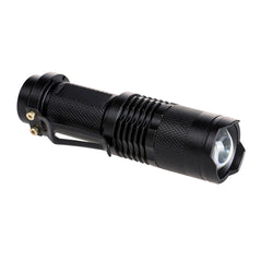 Black high powered pocket torch with LED lights and a fabric handle loop.