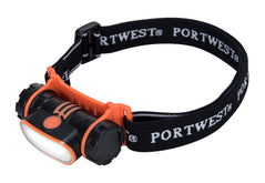 USB Rechargeable LED Head Light with black strap with white portwest branding and orange and black light on front.