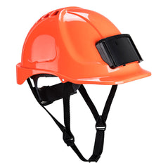 Orange endurance hard hat with black badge holder on the front and black chin straps.