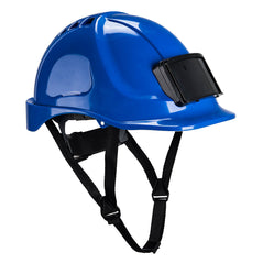 Blue endurance hard hat with black badge holder on the front and black chin straps.