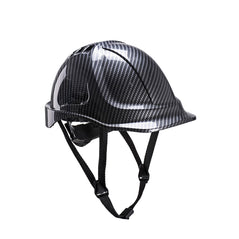 Black endurance carbon look hard hat with black chin straps.