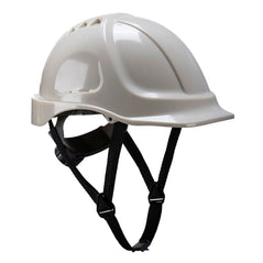 White glowtex hard hat with black chin straps.