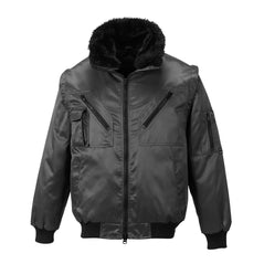 Black portwest pilot jacket. Jacket has a ribbed elasticated midriff and sleeves. jacket has side pockets, zip pockets on the chest and left arm. Jacket also has a phone pocket on the chest and fluffy collar.