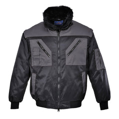 Black Portwest two tone pilot jacket. Jacket has a fur collar, elasticated bottom and wrist. Jacket has pockets on the arms, sides and chest as well as a phone pocket. Pockets are zip fasten. Jacket has grey contrast on the shoulders, chest and pocket areas.