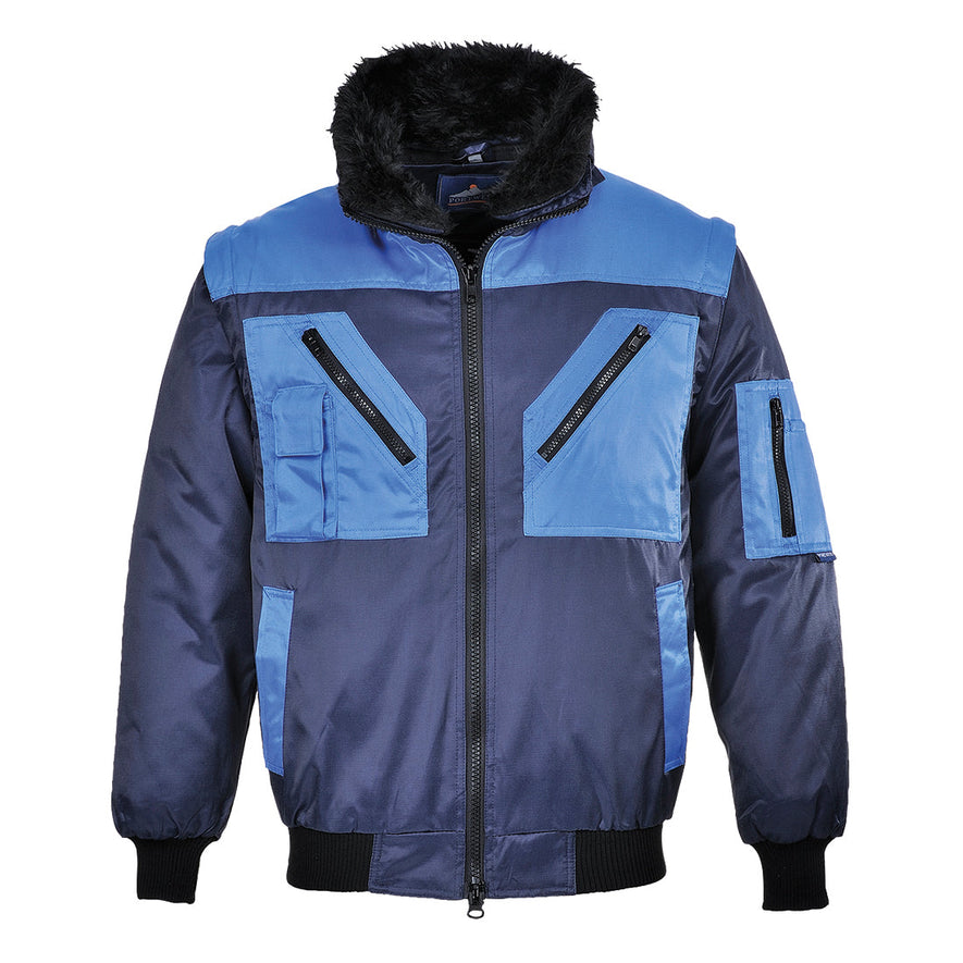 Navy Portwest two tone pilot jacket. Jacket has a black fur collar, elasticated bottom and wrist. Jacket has pockets on the arms, sides and chest as well as a phone pocket. Pockets are zip fasten. Jacket has Royal Blue contrast on the shoulders, chest and pocket areas.