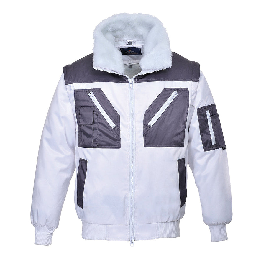 White Portwest two tone pilot jacket. Jacket has a fur collar, elasticated bottom and wrist. Jacket has pockets on the arms, sides and chest as well as a phone pocket. Pockets are zip fasten. Jacket has grey contrast on the shoulders, chest and pocket areas.