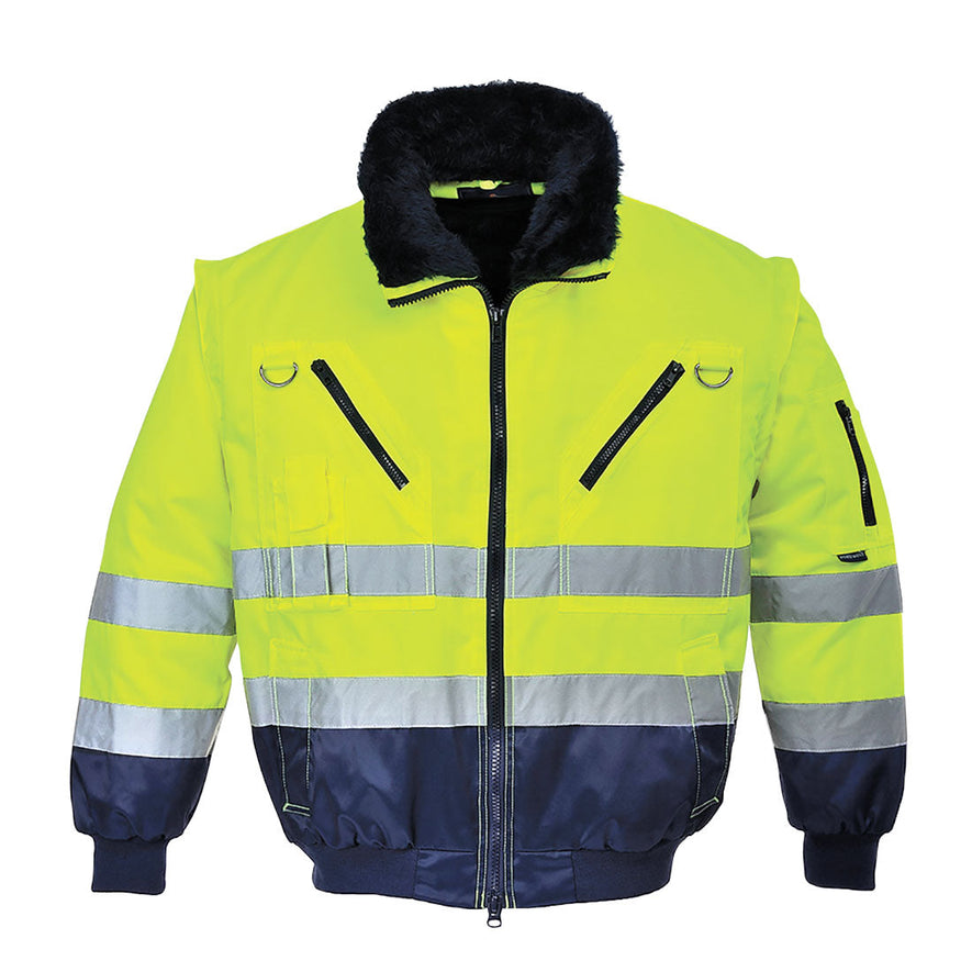 Yellow Hi vis three in one pilot jacket with two waist bands. Zip fasten with waist pockets, zip chest pocket with d loops a phone pocket and fluffy collar. Jacket has navy contrast on the bottom of the jacket and the arms.