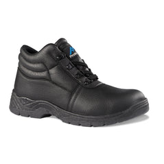 Black Safety Boot with laces, sole, ankle support and stitching pattern on side.