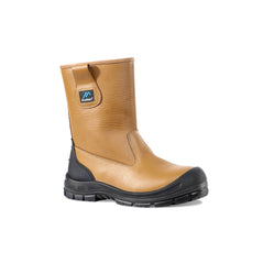 Tan Rigger Boot with high ankle, pull on loop on side, black sole and black scuff and heel caps.