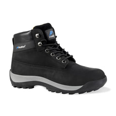 Black Safety Boot with laces, sole, grey panel on side of sole, high rise ankle support and ProMan branding on side and on tongue.
