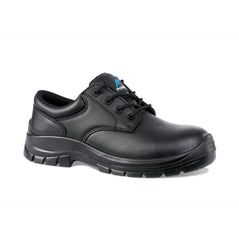 Black Safety Shoe with laces, sole and stitching pattern on side. ProMan branding on side and tongue.
