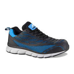 Black Safety Trainers with laces, blue panels on side and grey panel on side of sole.