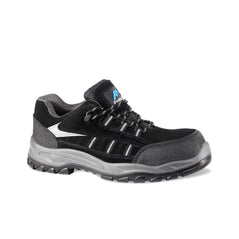 Black Safety Trainer with laces, white features on side, grey sole and scuff cap.